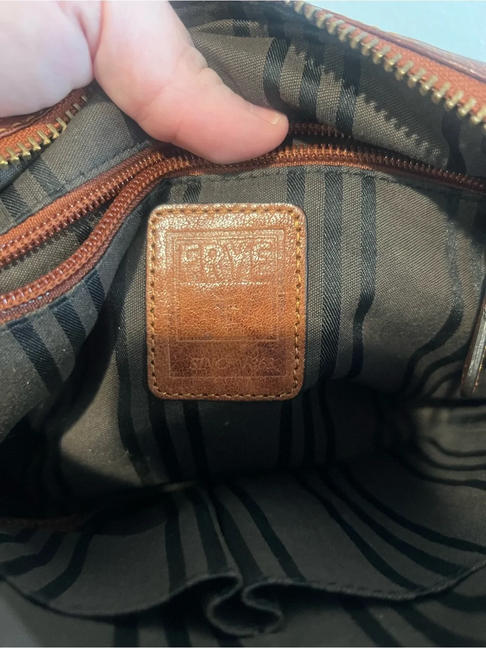 Frye Tan Leather Messenger Bag with Brass Hardware